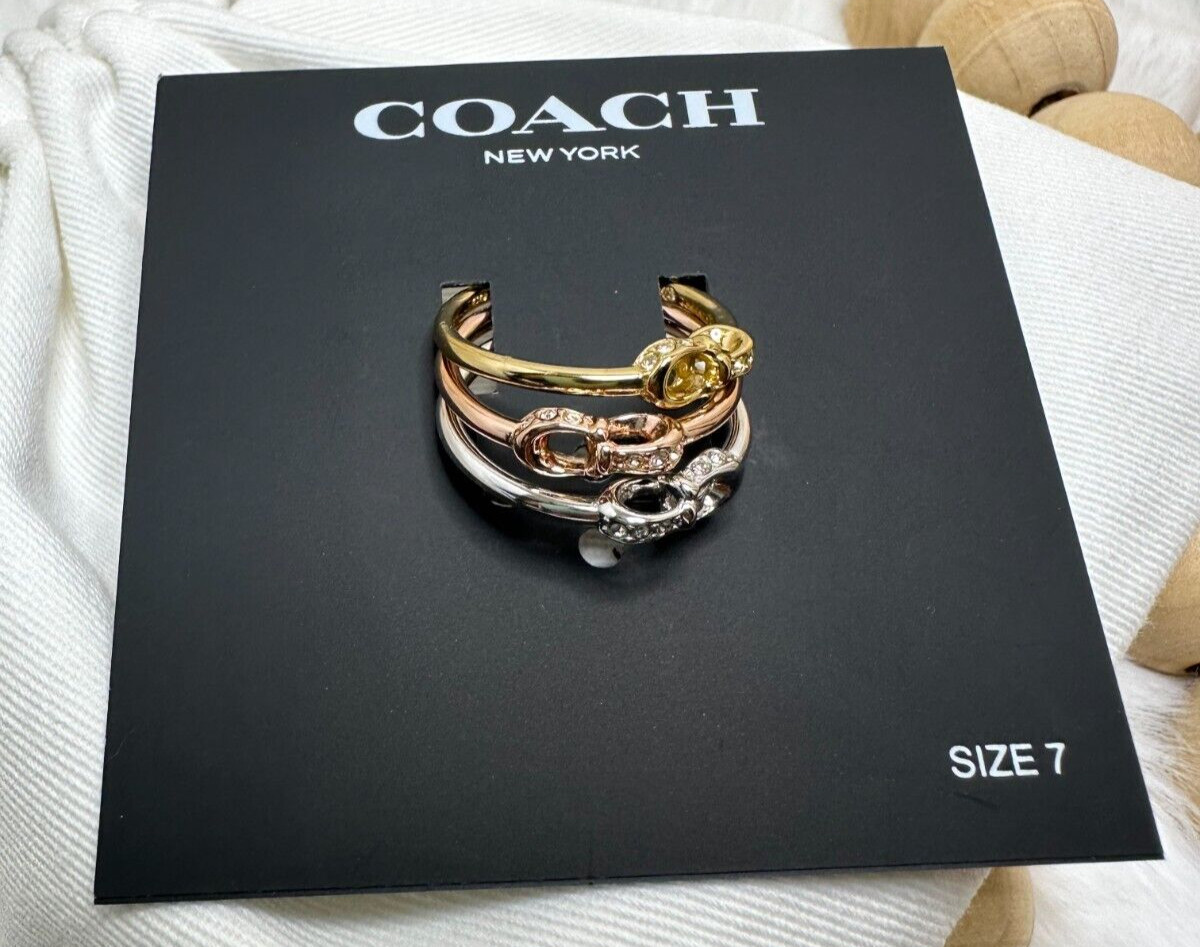 Coach Interlocking C Pavé Ring Set Size 7 Tri Tone Gold Silver Rose Gold