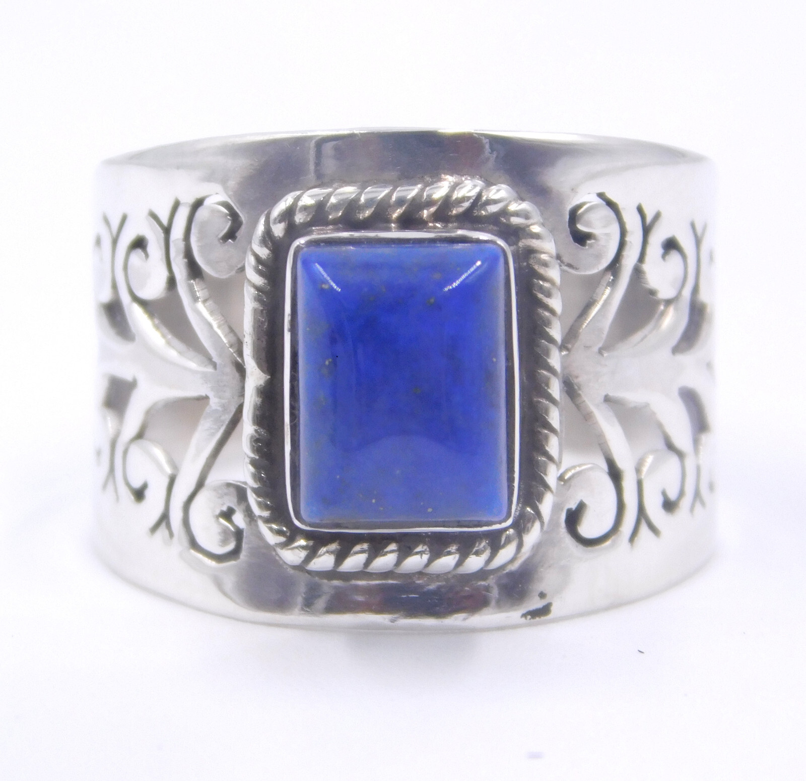 4.40 Gm 925 Sterling Silver Natural Lapis lazuli Cab Gemstone Jali Ring Size 7″