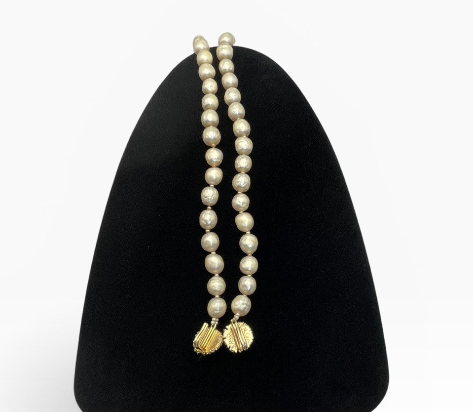 Vintage Judith McCann NY Shuvon Faux Pearl Necklace Signed Rhinestone Clasp