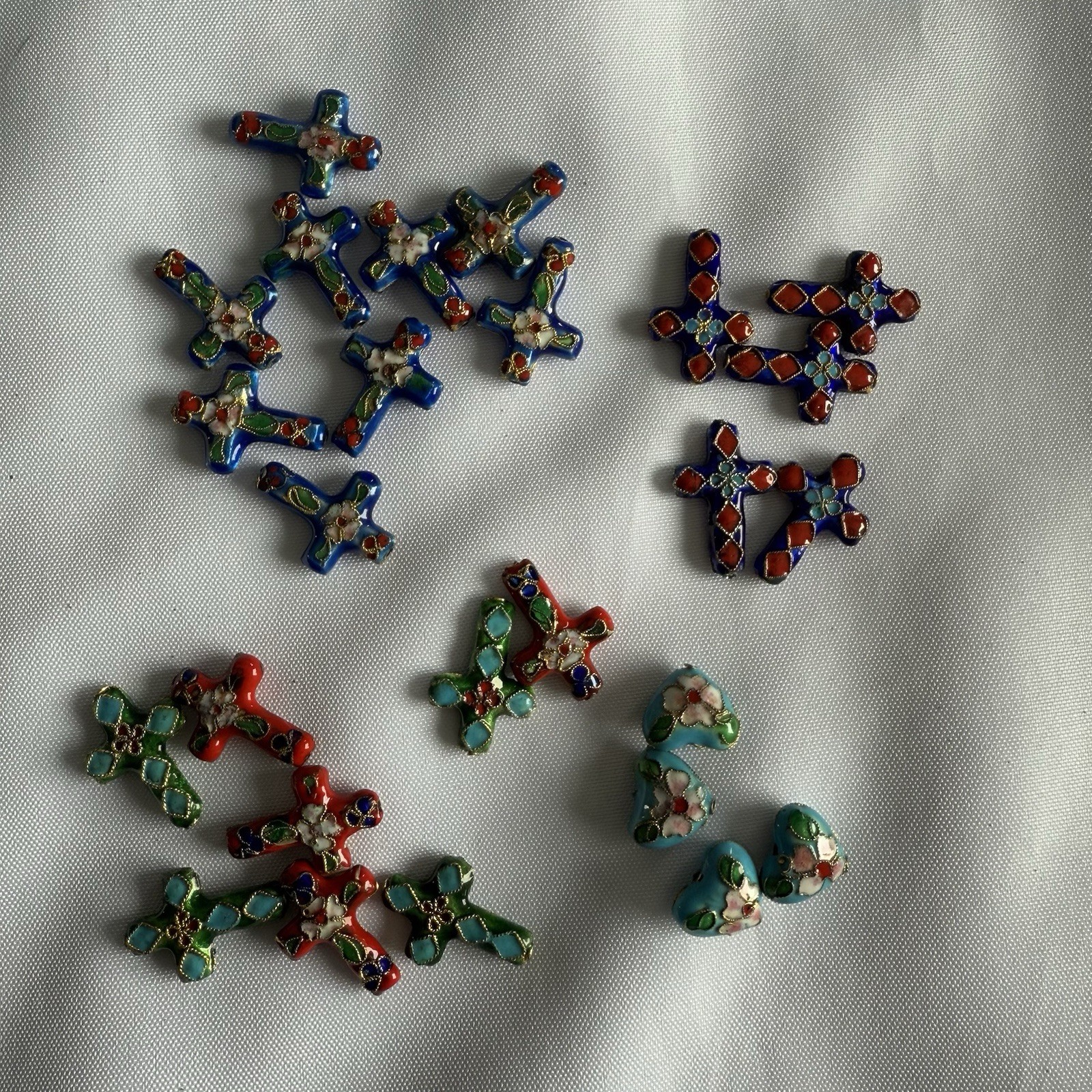 Cloisonne Cross & Heart Beads. 22 Total Beads. Approx. 19mm x 27mm Multicolor