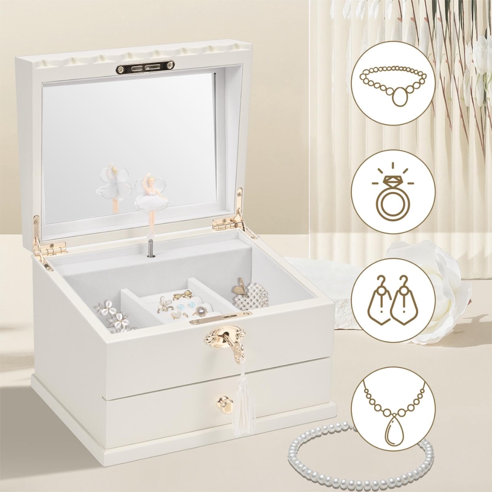 Lihou PapaQ Wooden Ballerina Medium Musical Jewelry Box with Mirror and Lock …