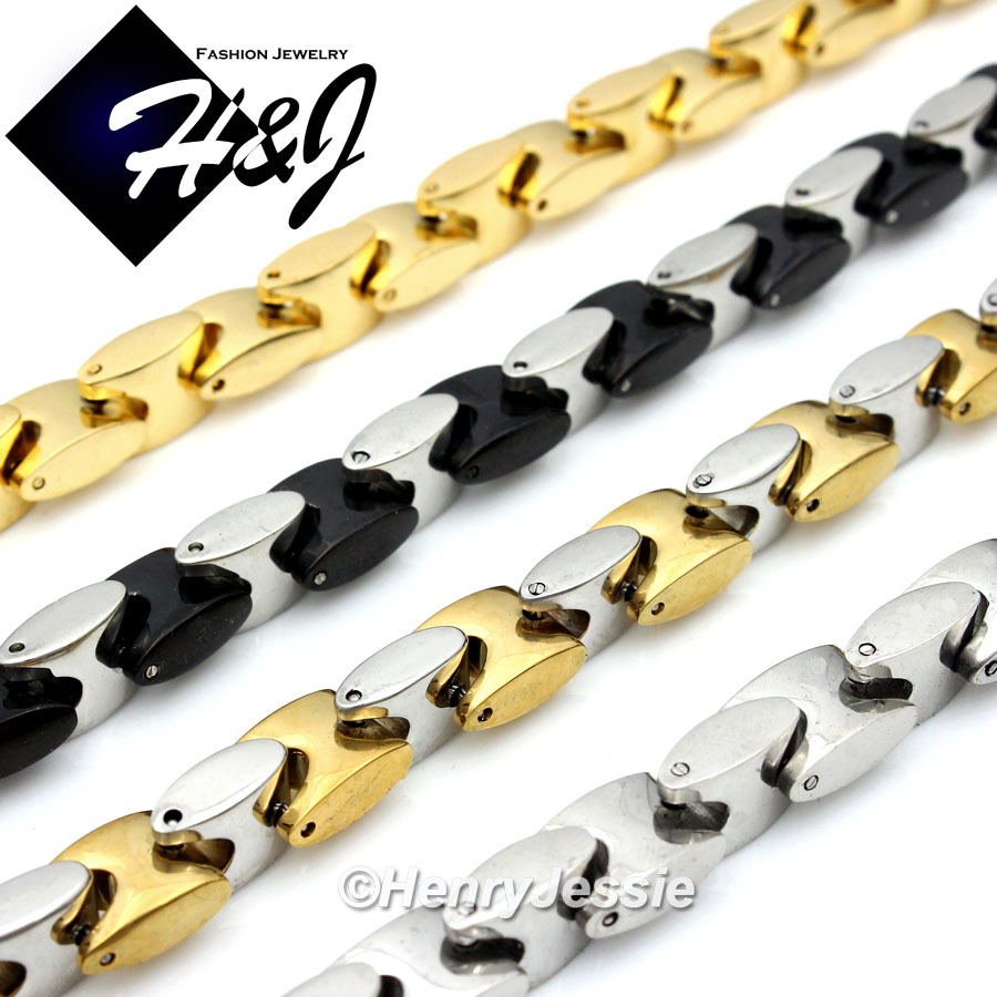 7.5-11″MEN Stainless Steel 8mm Silver/Gold/Black Plated Interlock Bones Bracelet