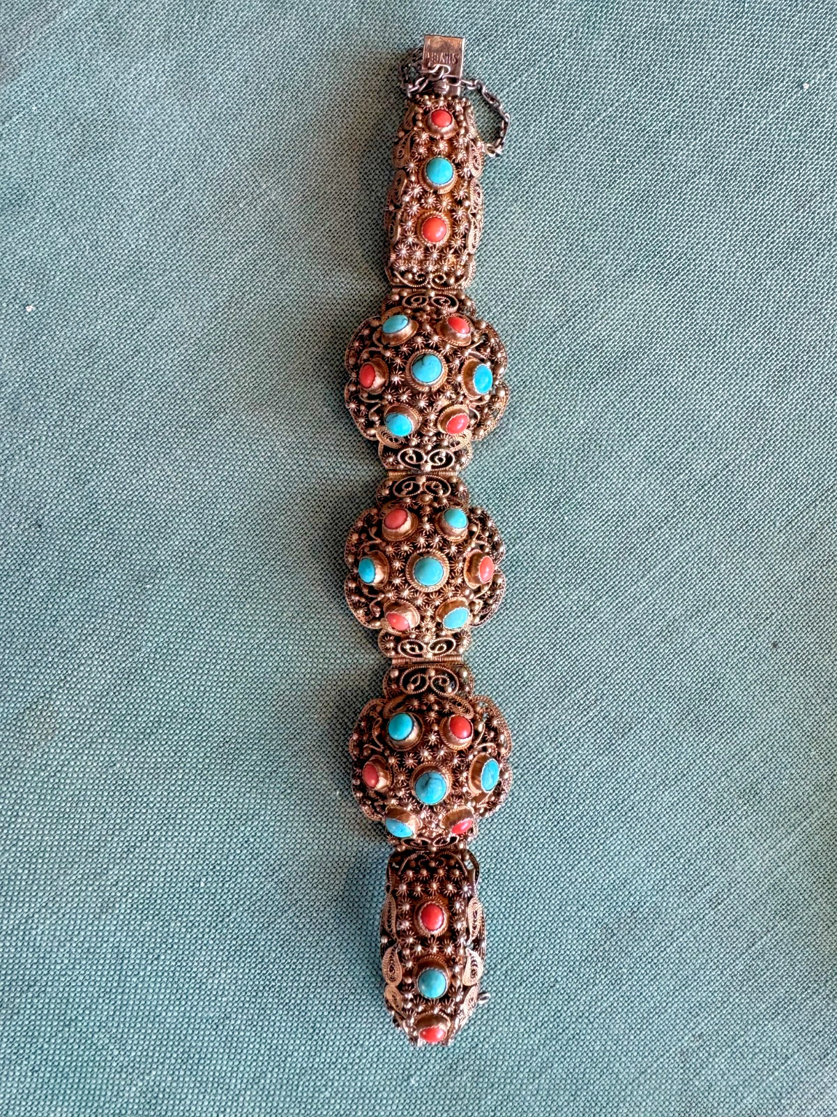 Intricate Gold Wash Silver, Turquoise & Coral Bracelet, ASIA, China, VINTAGE