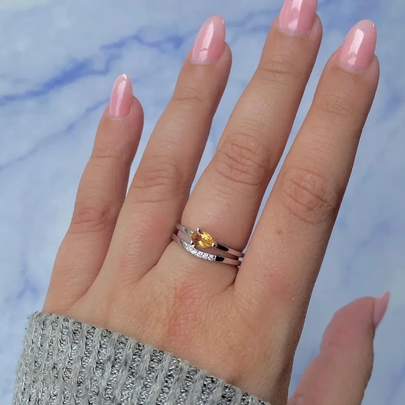 2Ct Pear Cut Simulated Yellow Citrine Enhancer Fancy Ring 14K White Gold Plated