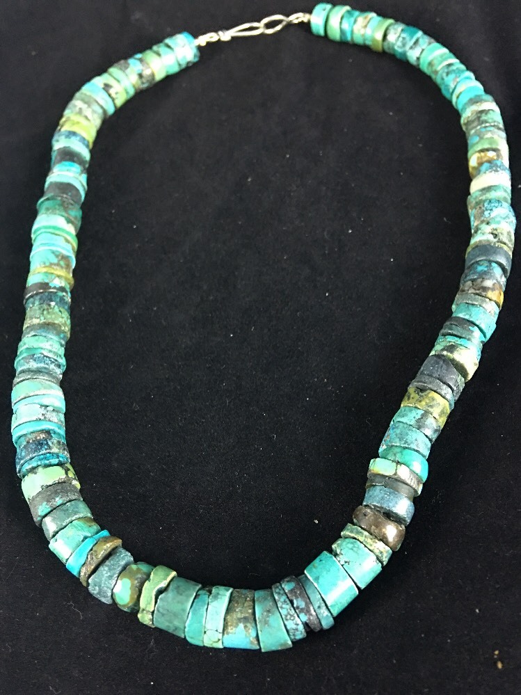 Blue Turquoise Bead 8mm Heishi Navajo Sterling Silver Necklace 20” 1135