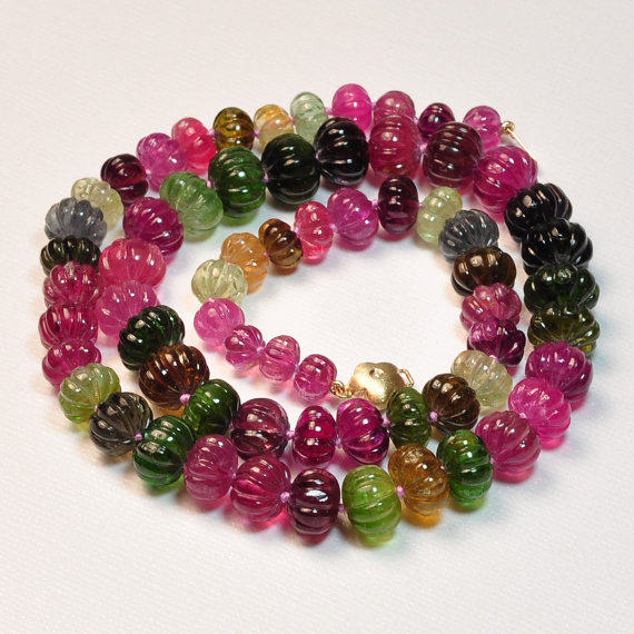 7.2mm-11.6mm Fine Tourmaline Carved Melon Bead Necklace 14K Diamond clasp