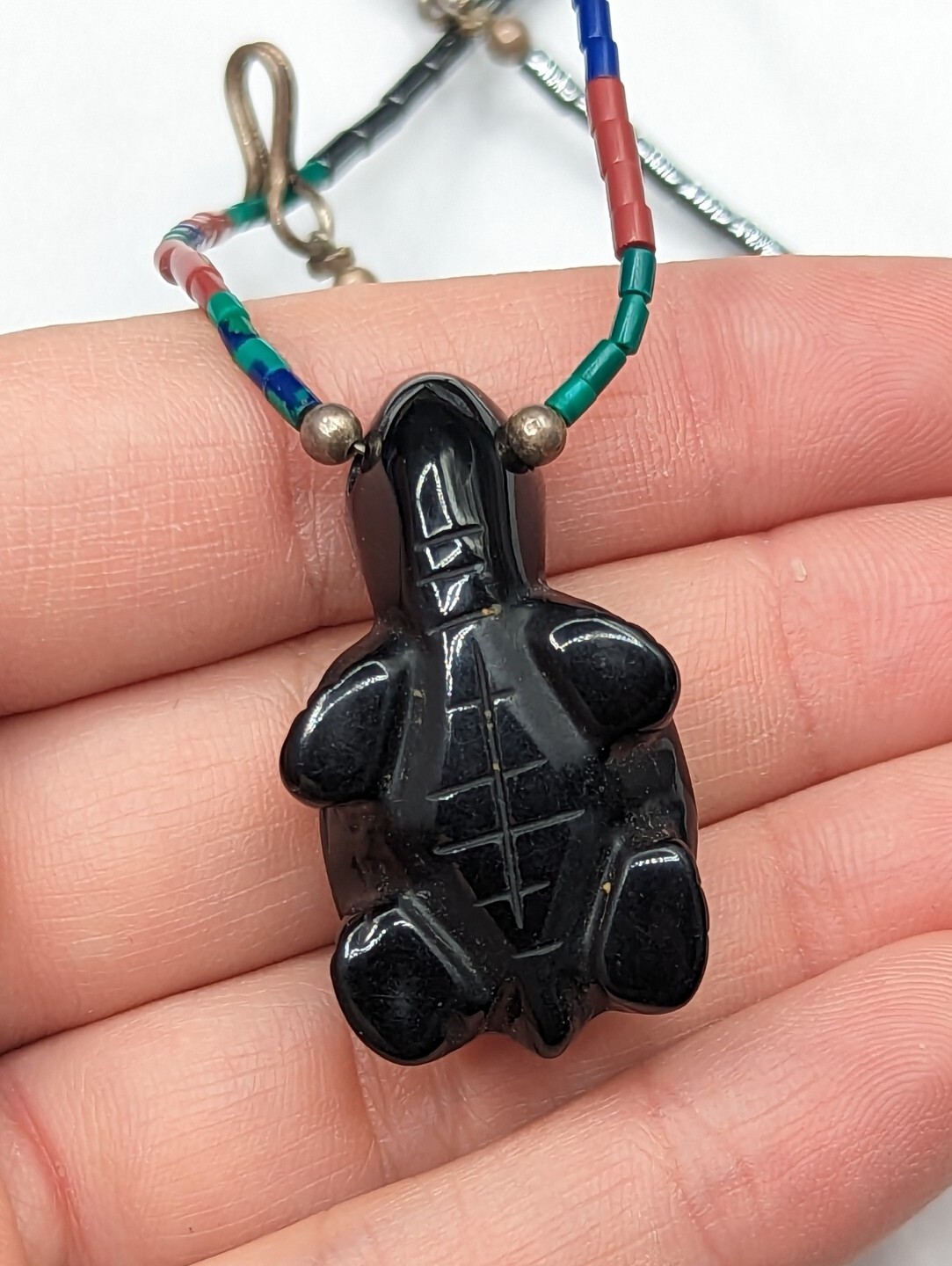 Multi Color Inlay Black Stone Carved Turtle Southwestern Beaded Necklace 25″