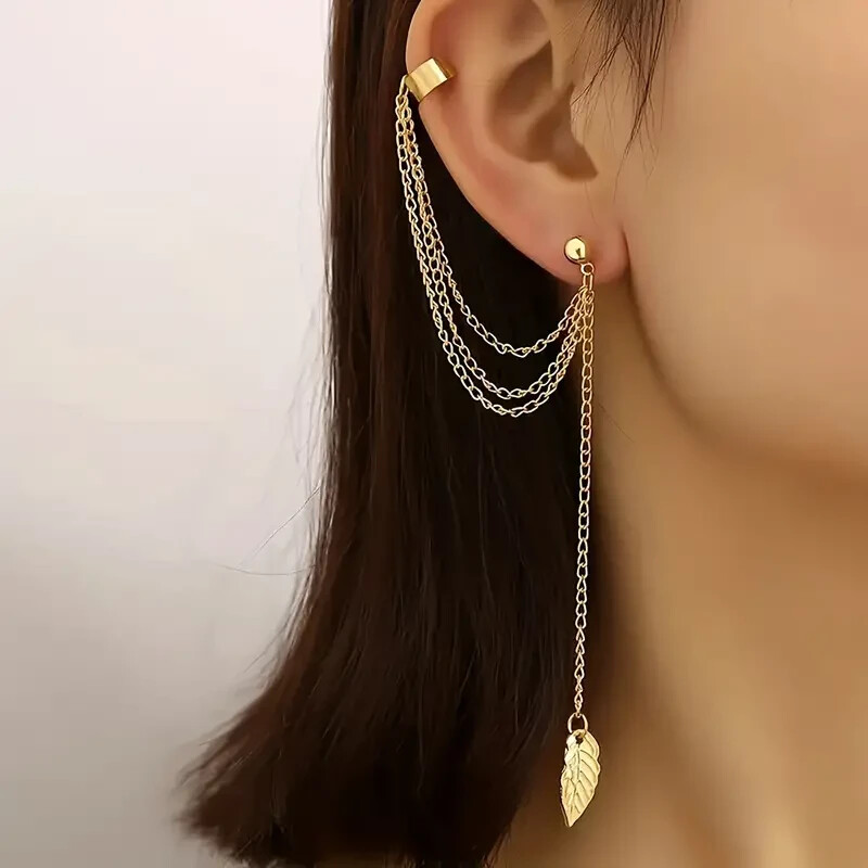 Unique Stylish Long Leaf Tassel Bajoran Earrings Long Chain Tassel Metal Fashion