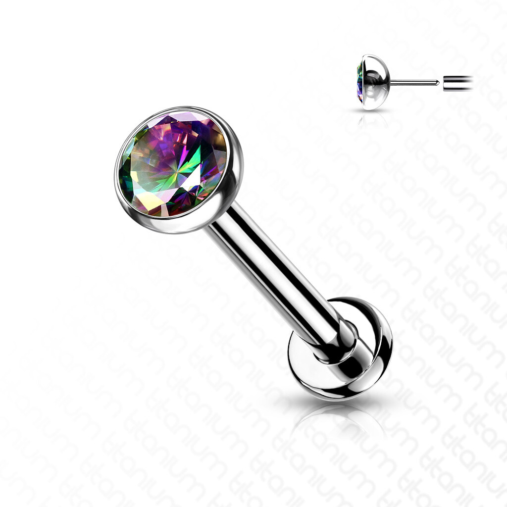 20G 18G Threadless Push in Labret Flat Back Studs Implant Grade Titanium CZ Gems