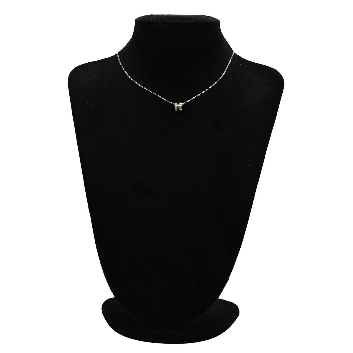 Hermès Pop H Pendant Mini Necklace Metal Beige Brown Lacquer Silver 39cm #M-196