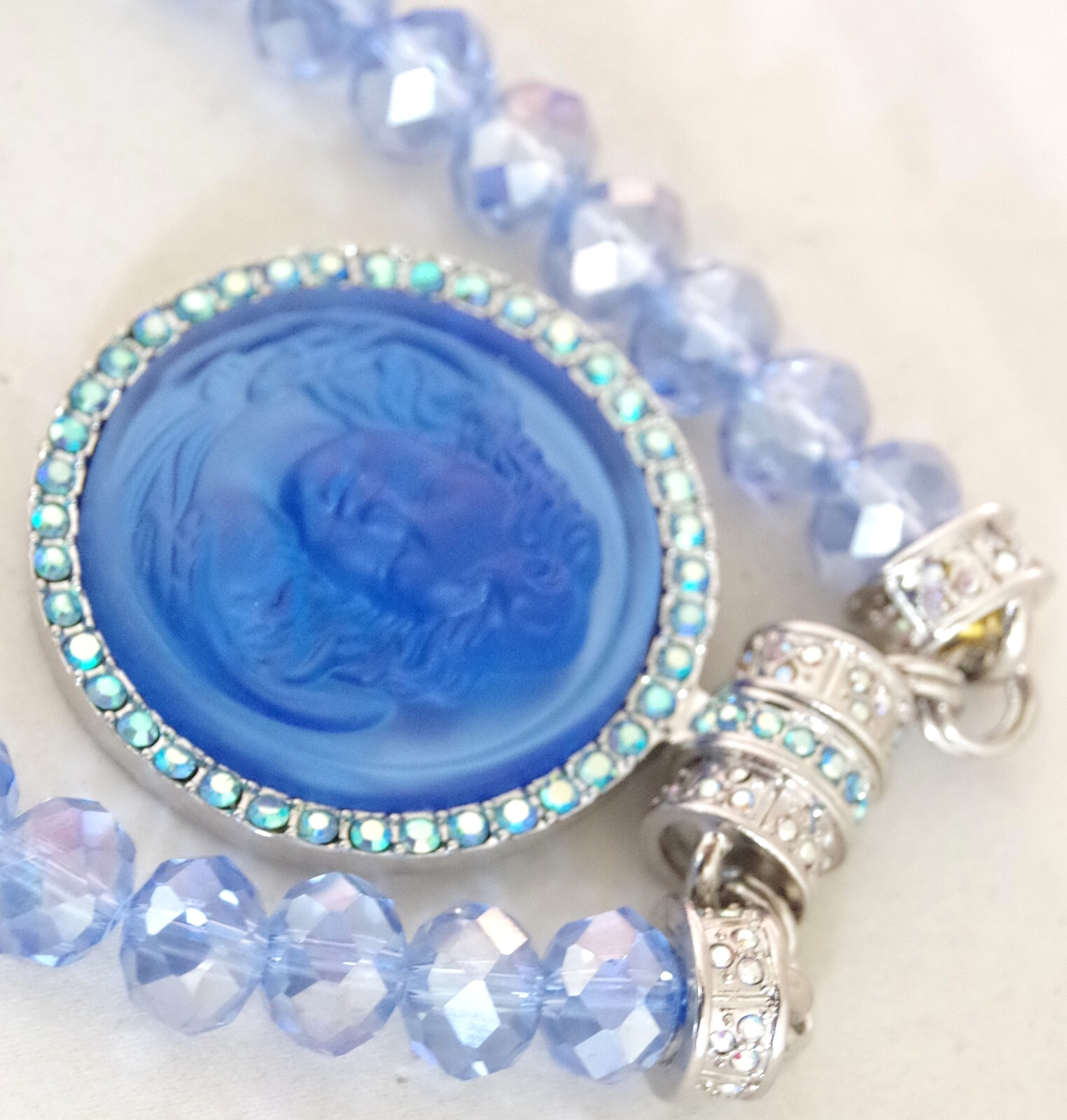 KIRKS FOLLY MAGNETIC CRYSTAL RHINESTONE BLUE ANGEL GODDESS SILVER TONE NECKLACE