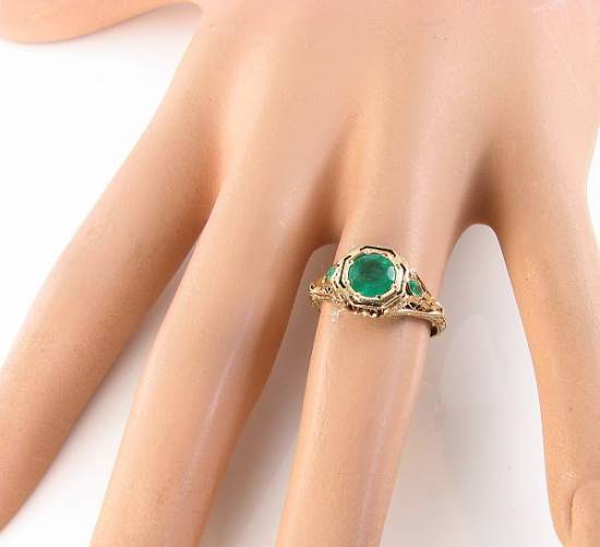 LARGE 9K 9CT GOLD COLOMBIAN EMERALD ART DECO INS FILIGREE RING FREE RESIZE