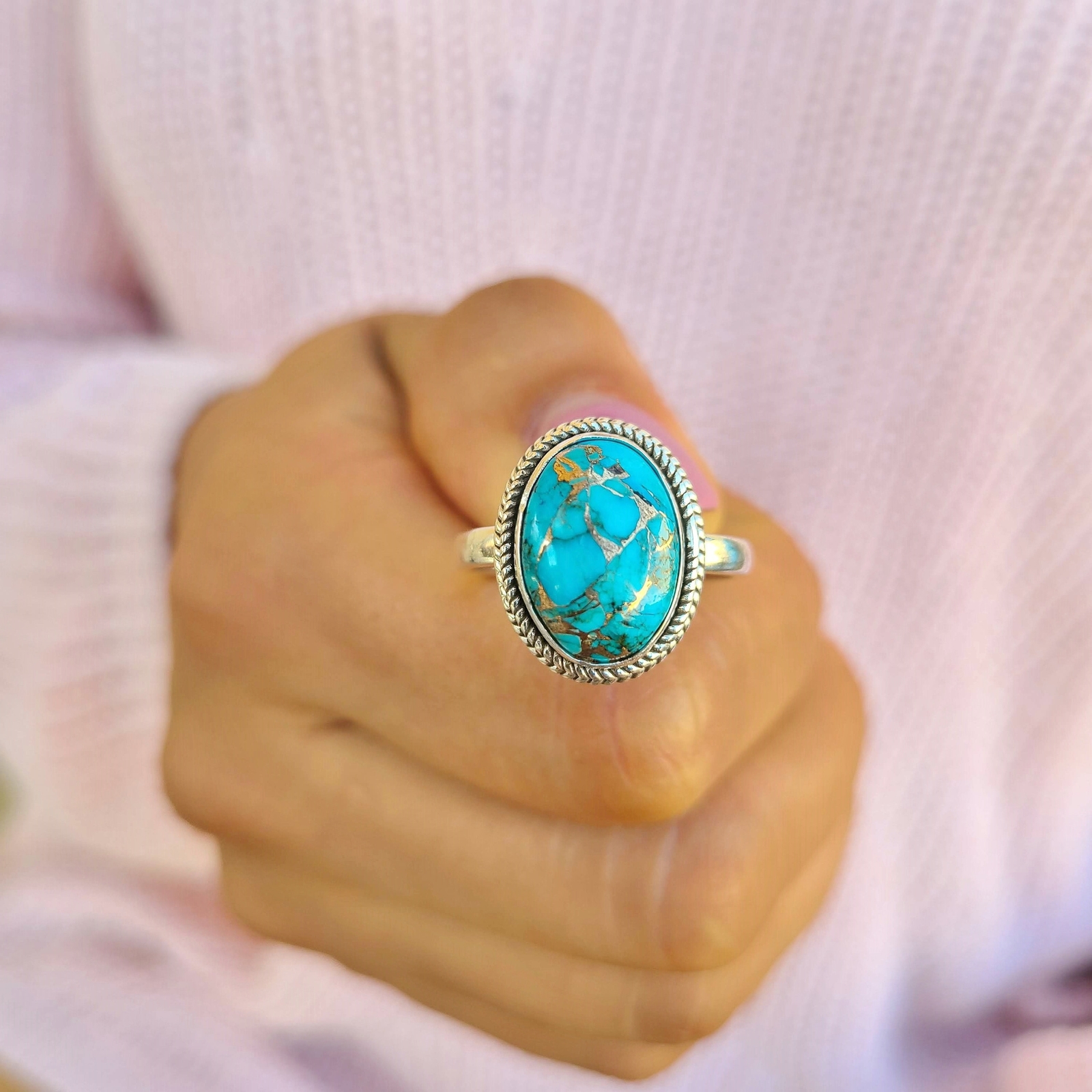Genuine Copper Turquoise Ring 925 Sterling Silver Ring Hand Made Ships From USA