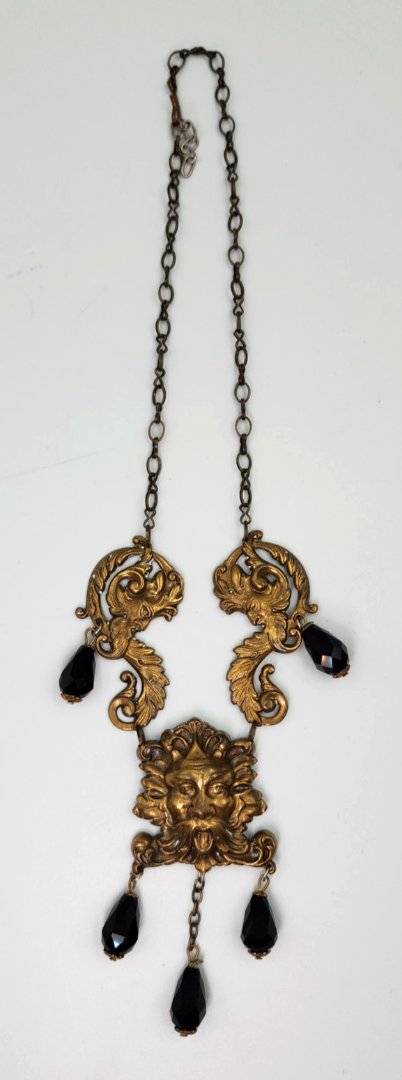 Green Man Art Nouveau Style Stamped Brass Necklace Jet Black Faceted Beads 18″