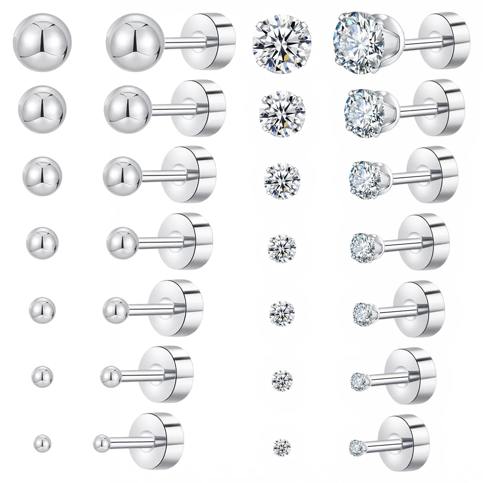 2mm 3mm 4mm 5mm 6mm 7mm 8mm, 14 Pairs Silver Plated Cubic Zirconia/Ball Stud…