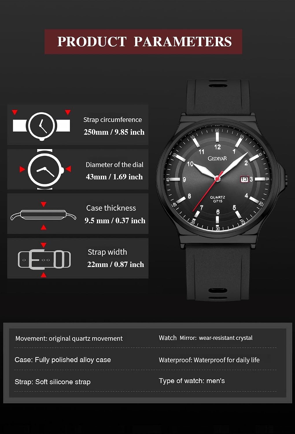 Men’s Analog Quartz Watch Silicone Band Waterproof Date Casual Business Sport