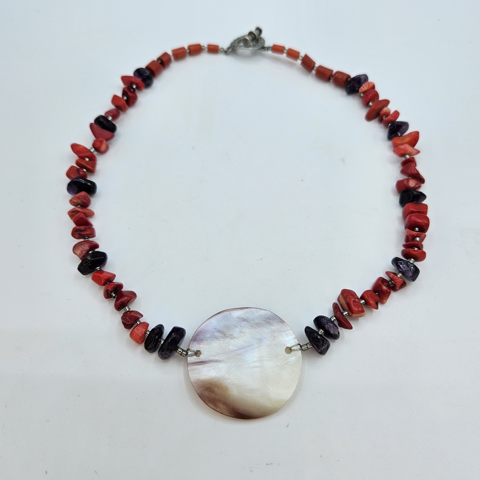 Natural Red Coral Amethyst Bead Necklace Mother of Pearl Shell Pendant Toggle