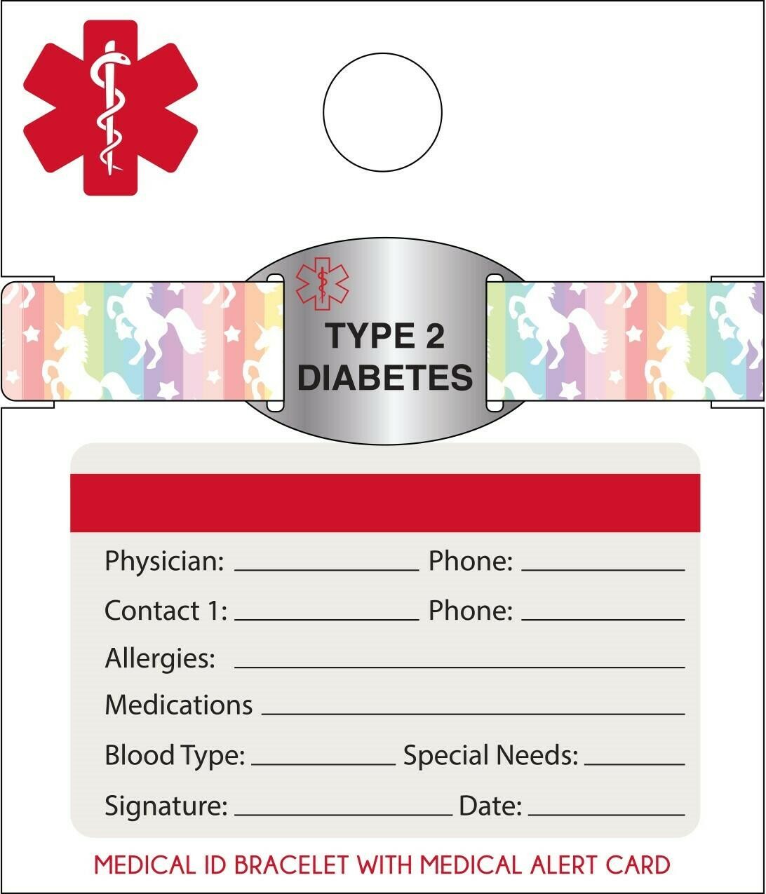 Medical ID Bracelet With Medical Alert Card Type 2 Diabetes Unicorns