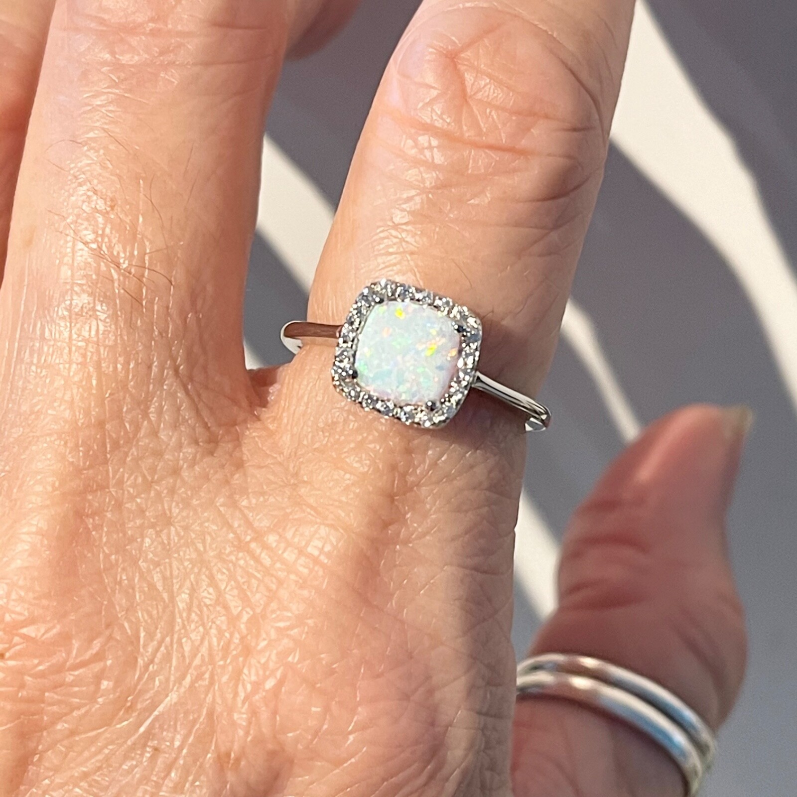 Sterling Silver Square White Lab Opal Ring, Silver Rings, CZ Ring, Wedding Ring