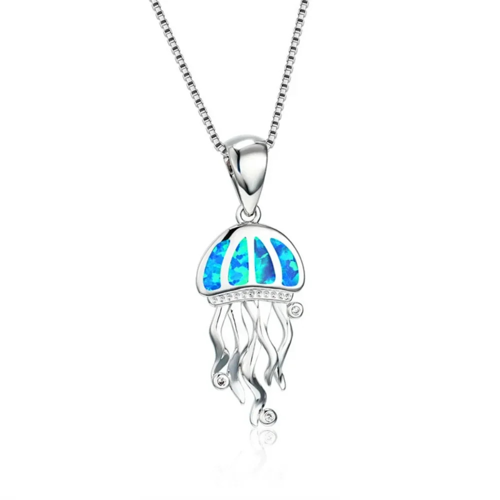 Women’s Fashion Blue Opal Jewelry Silver Jellyfish Pendant Necklace Chain