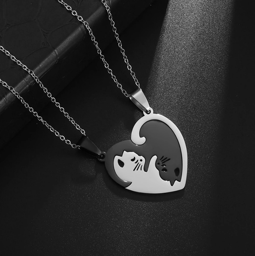 2 Piece Black & Silver Cat Matching Necklace Couple Cute Pendant Love BFF, Gift