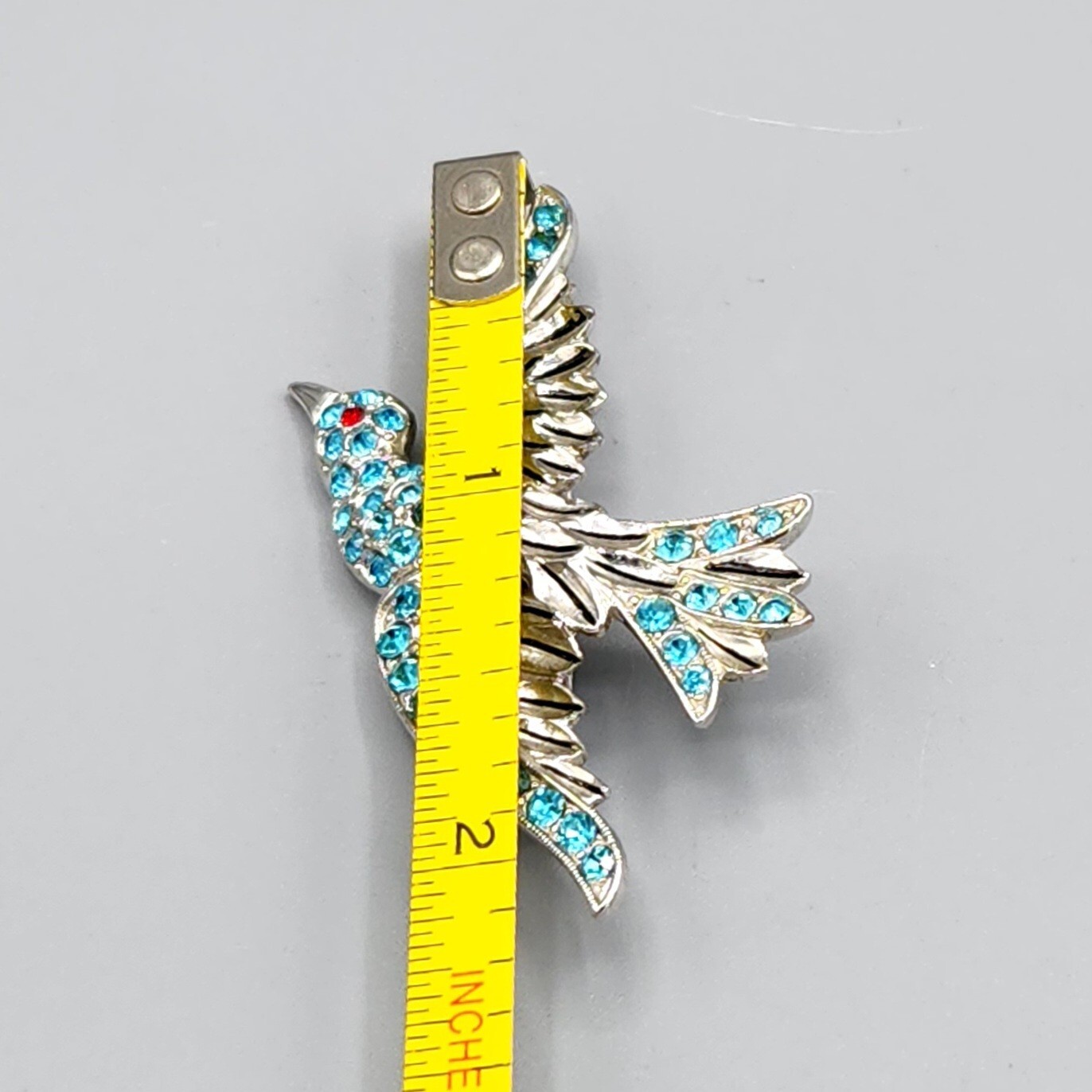 Vintage Retro Ora Signed Figural Blue Rhinestone Rhodium Plate Bird Brooch