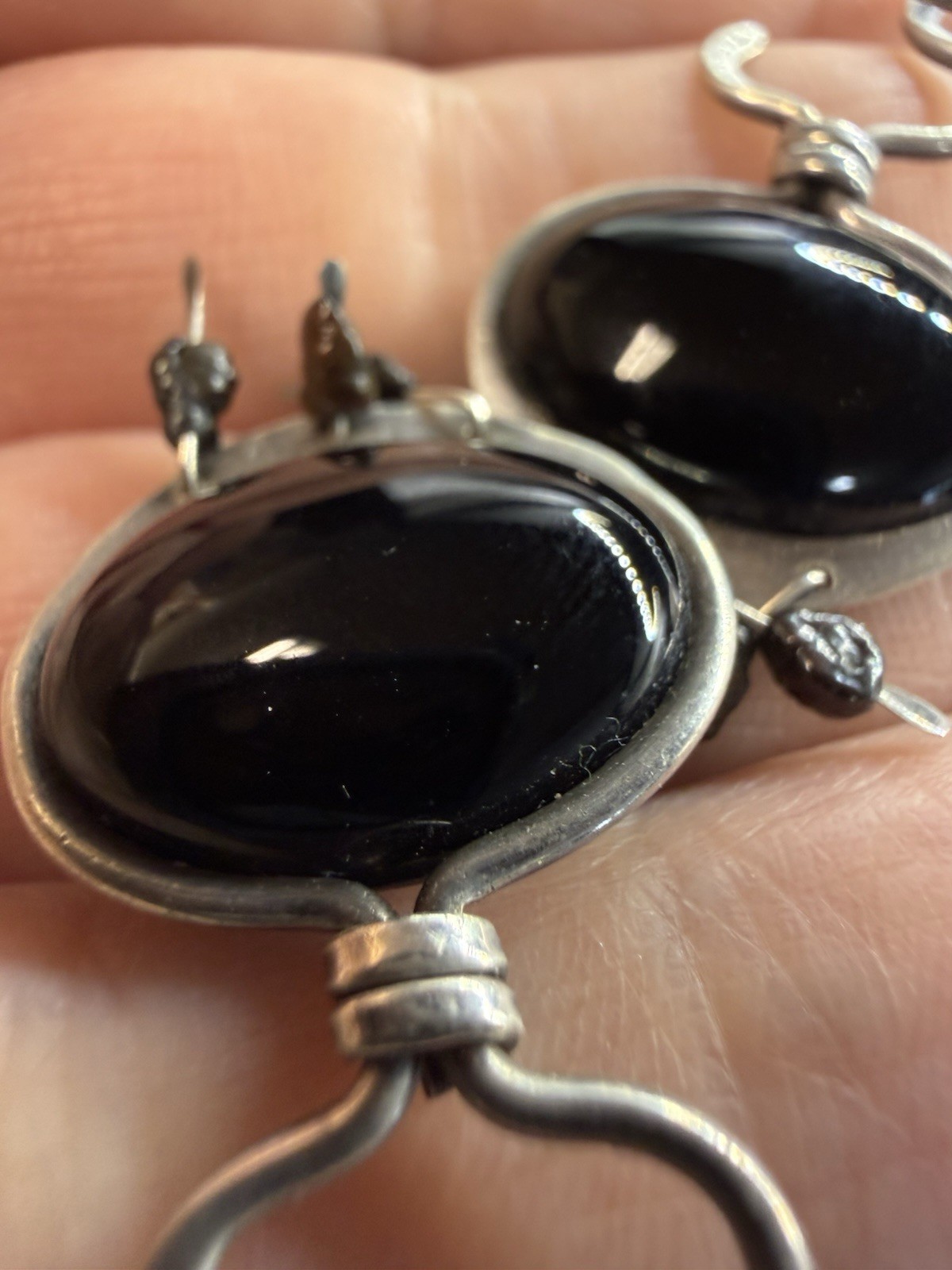 Black Onyx Dangle Ellipse Cabochon Silver Drop Earrings