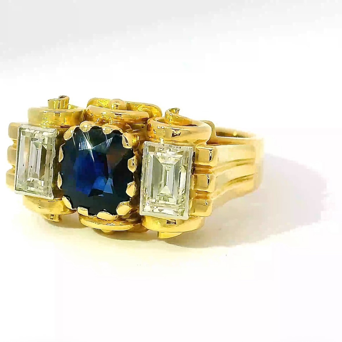 Handmade 18ct Yellow Gold Ring with Blue Sapphire & Diamond Baguettes