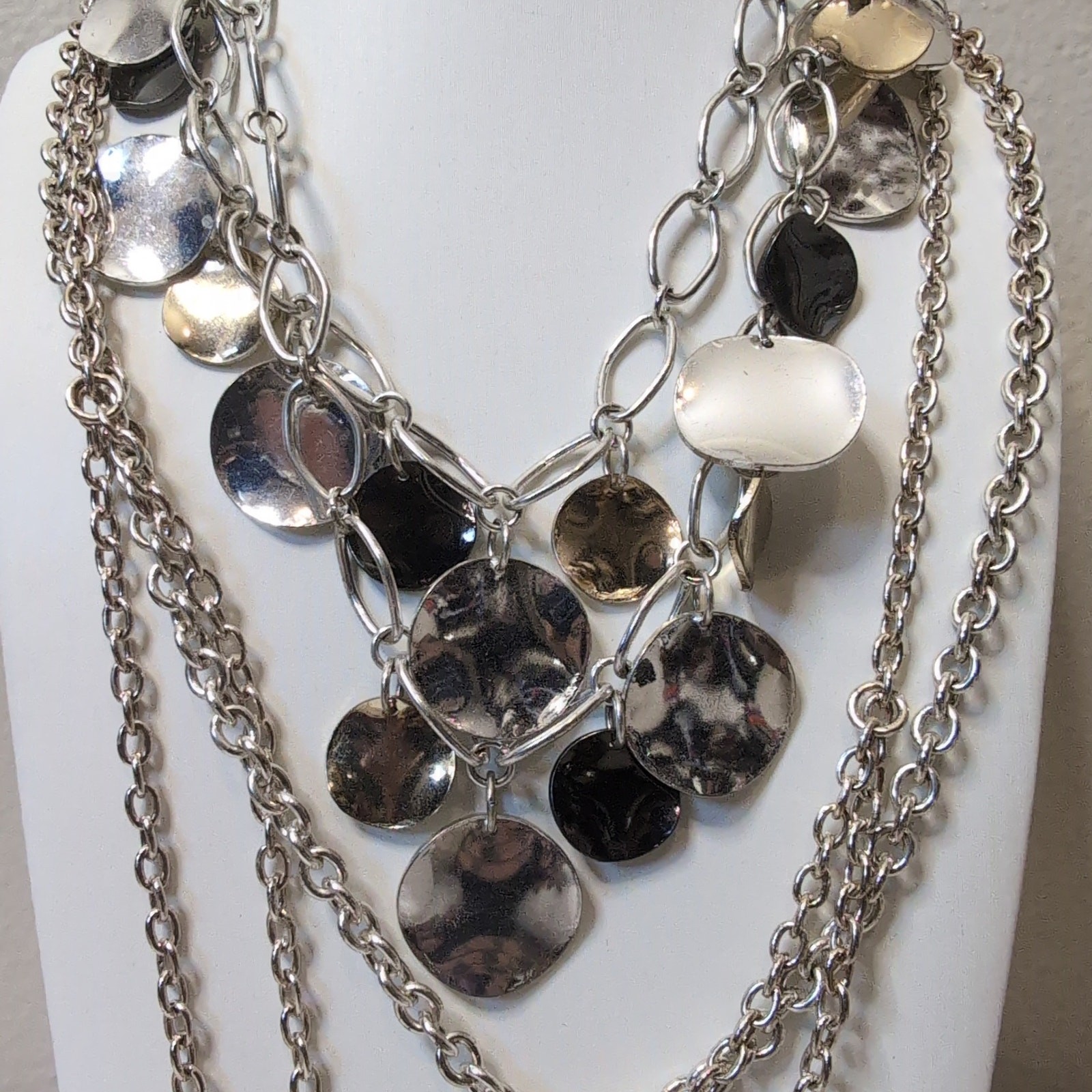 Layered Silver Tone Disc And Heart Charm Necklace Set