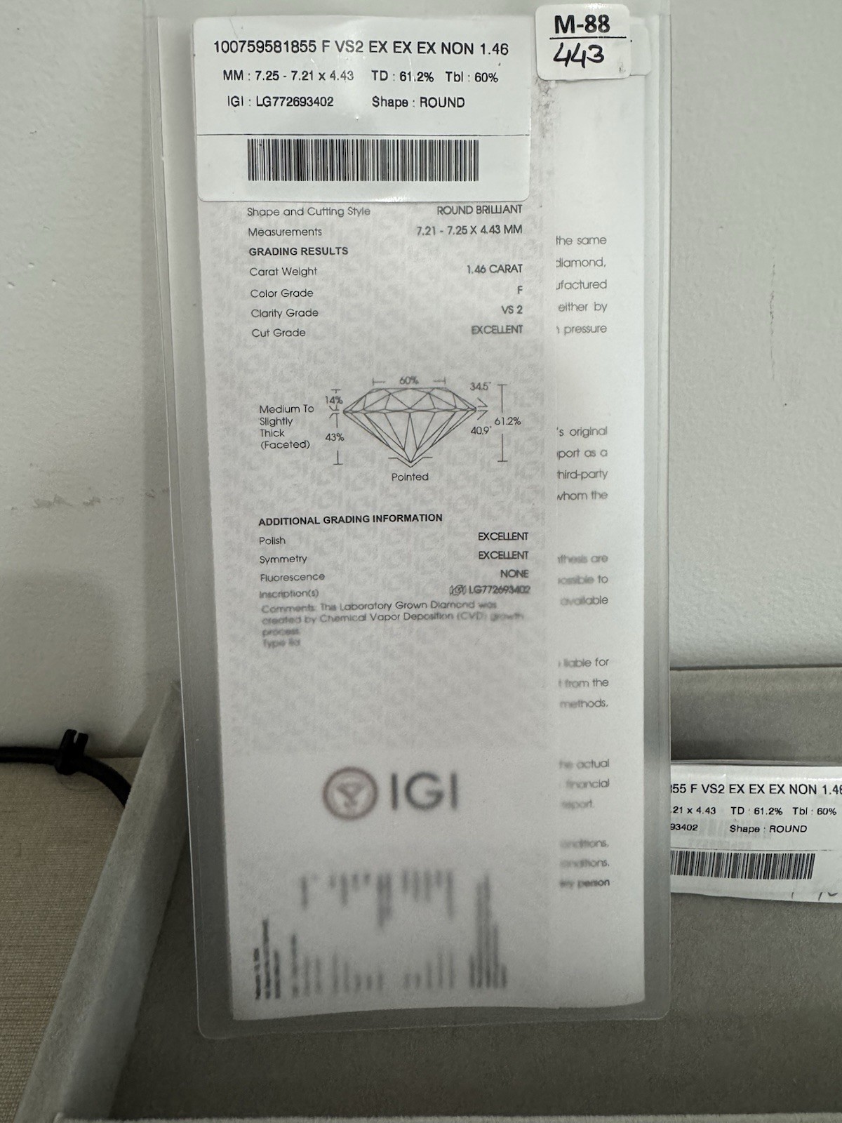 IGI Certified Lab Grown Round Diamond 1.46ctw F VS2 Excellent Cut 7.25×7.21×4.43