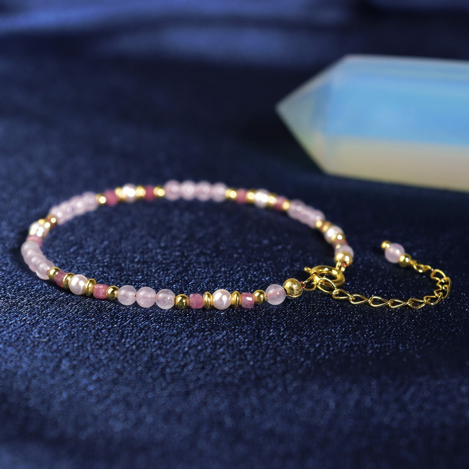 Tourmaline Pearl Rose Quartz Beaded Healing Crystal Women Dainty Bracelet Gift