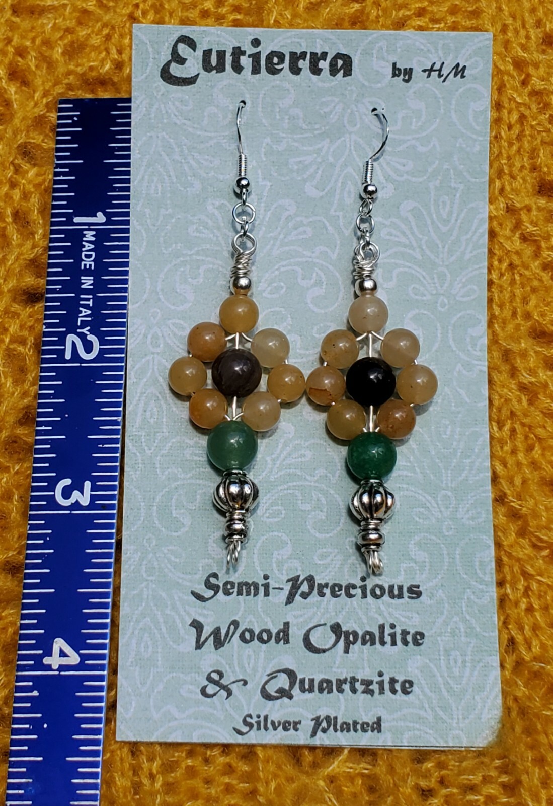 Eutierra Semi-Precious Wood Opalite & Quartzite Earrings Hand Crafted In USA 3″