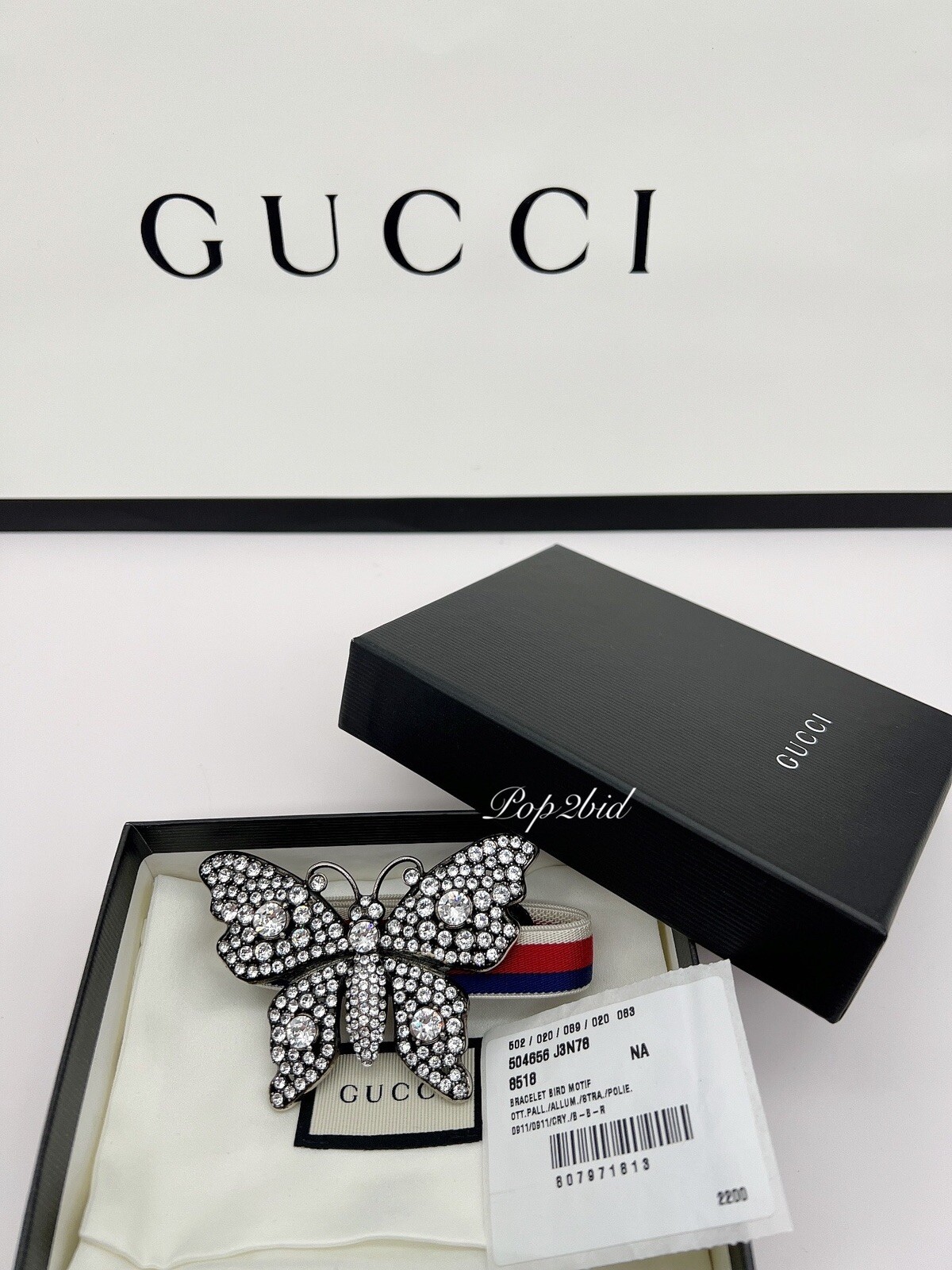 NWT 100% Authentic GUCCI Crystal Butterfly Web Strap Adjustable Bracelet