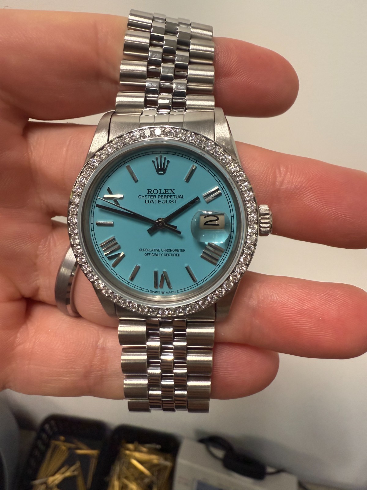 Rolex Mens Datejust Turquoise Roman Numeral Dial Diamond Bezel Jubilee Band