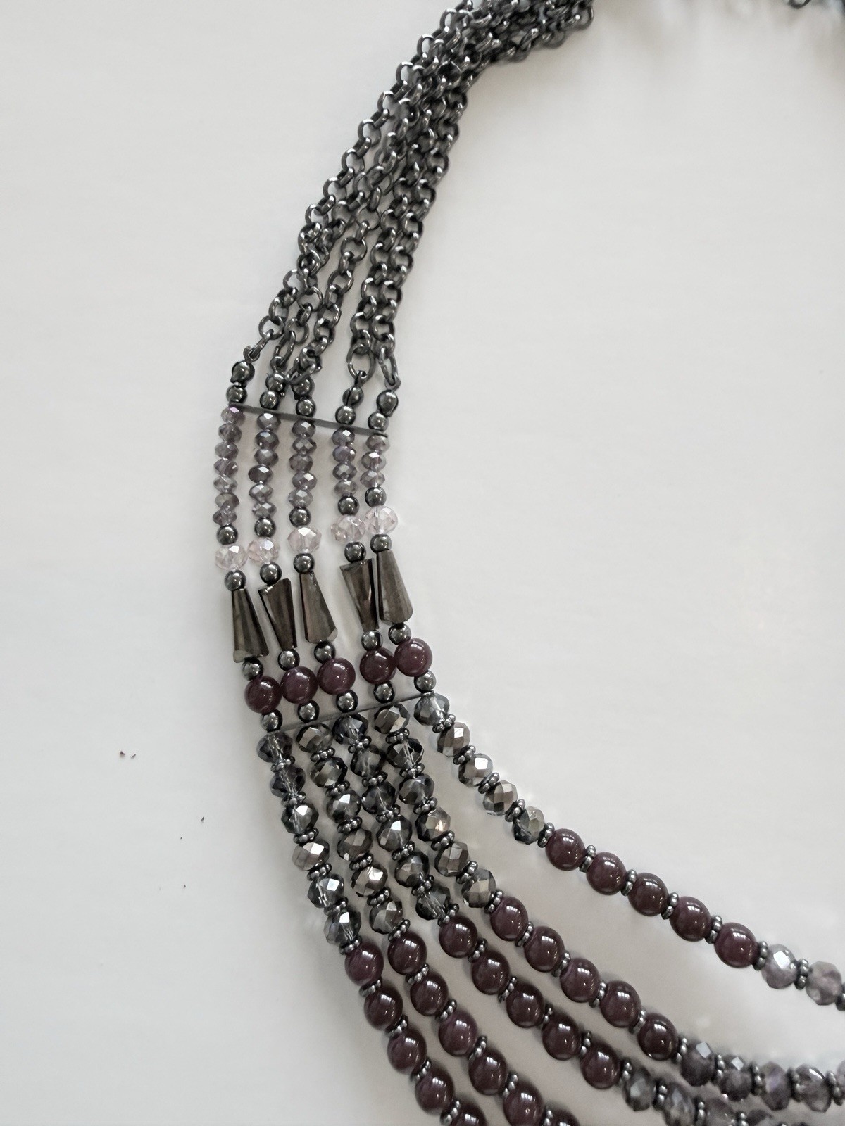 Silver Tone Purple Glass Beaded Multi-Strand Layered Necklace Lobster Adjustable