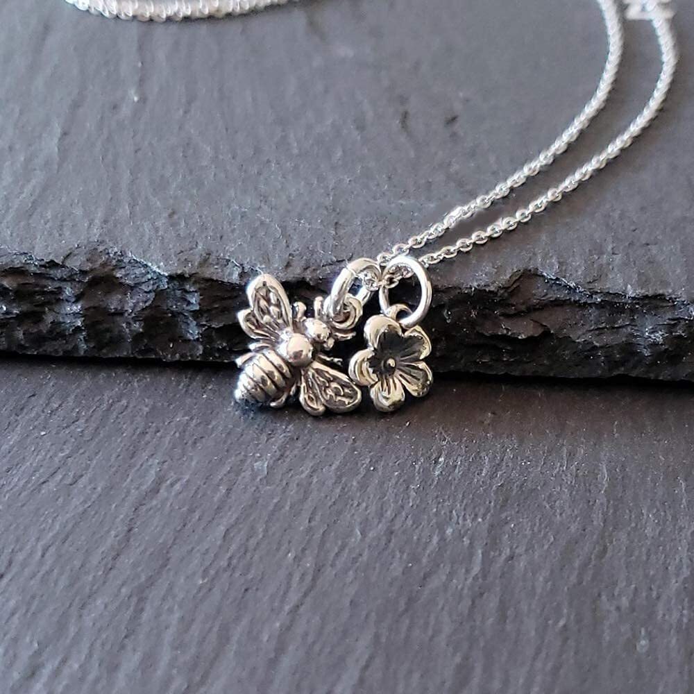 Bumble Bee Charm Sterling Silver Necklace with Flower Charm Necklace