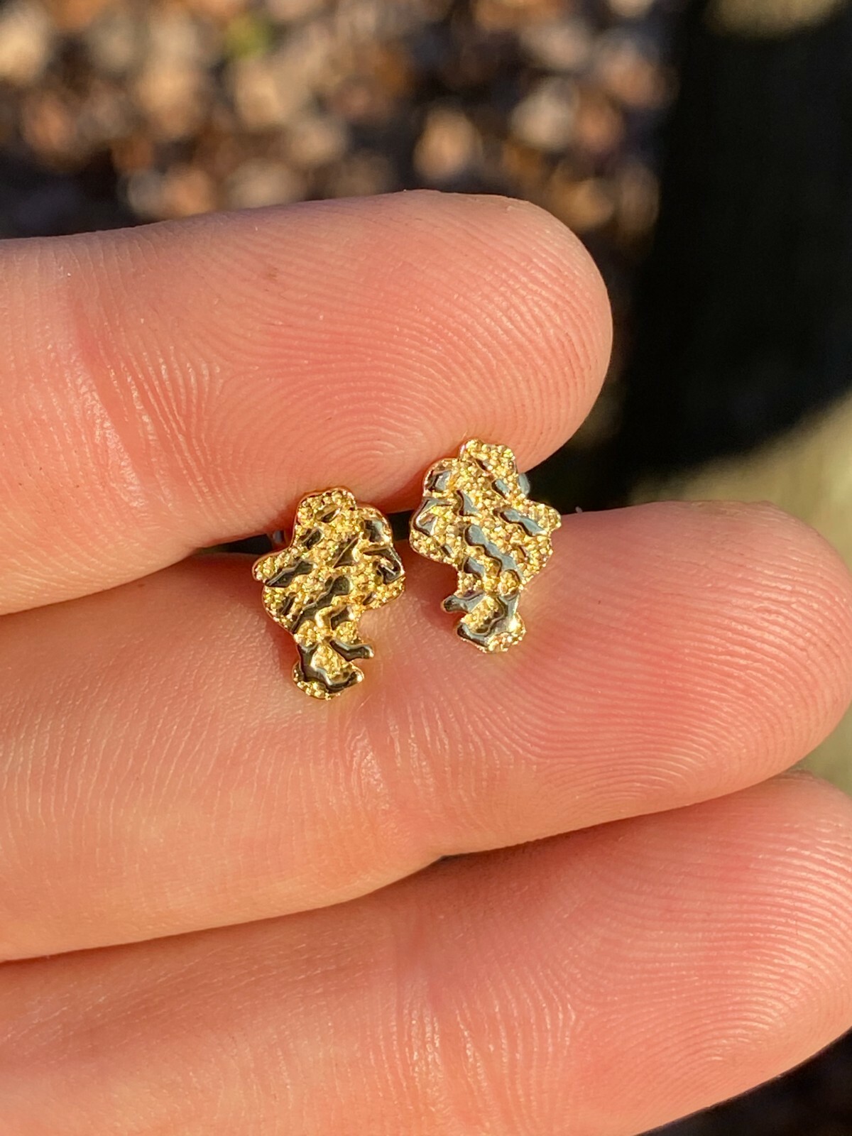 Real Solid 925 Sterling Silver 14k Finish Men Ladies Gold Nugget Earrings Studs