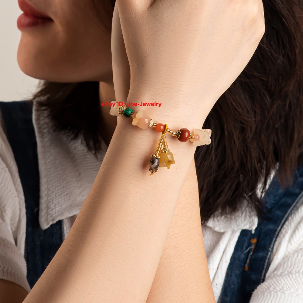 NEW Natural Chinese Jinsi Yu Jade Yellow Orchid Bead Stretch Bracelet 14-16cm