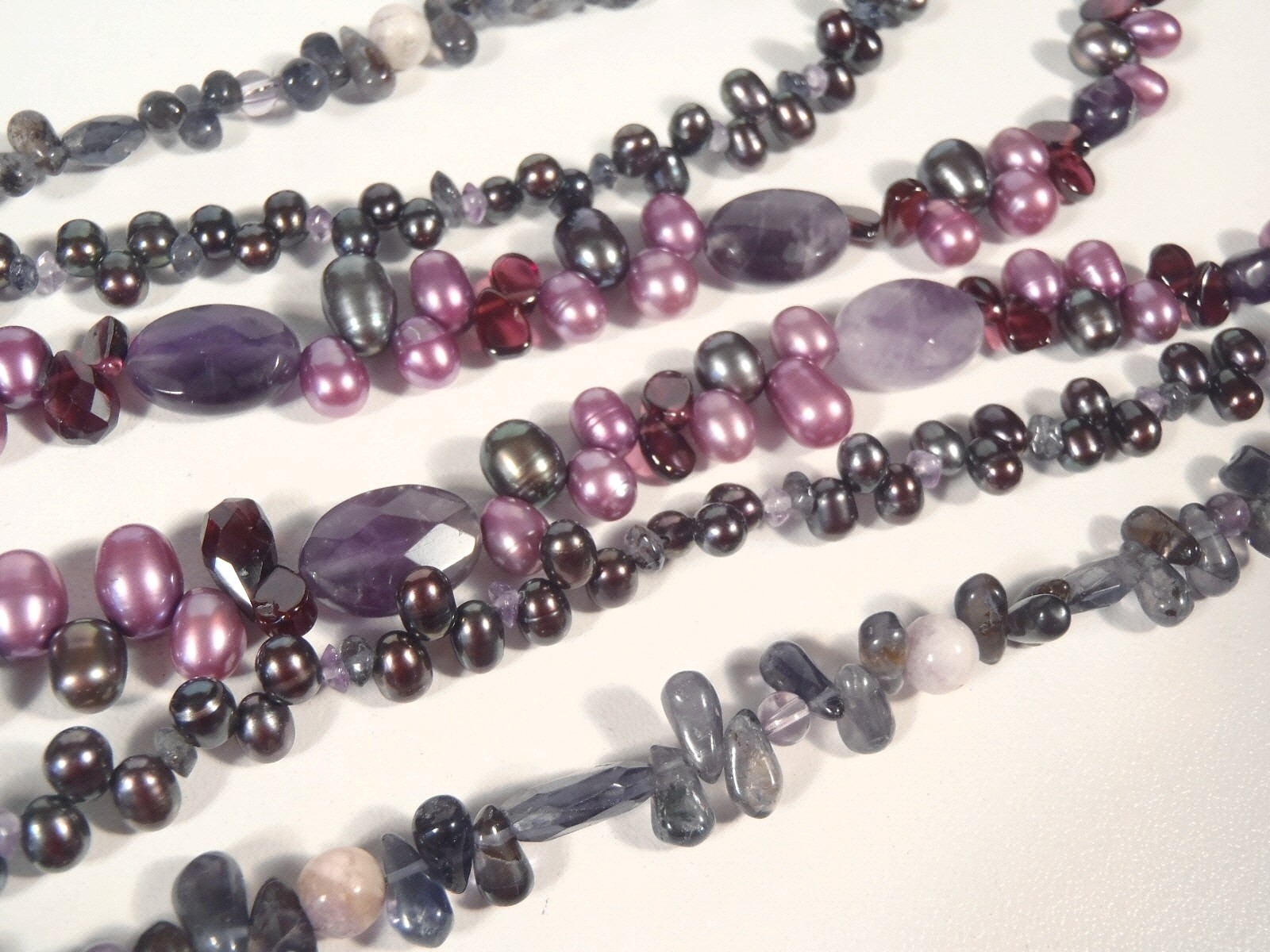 Shades of Purple Glass & Pearl Beaded Triple Strand Necklace Art Glass Pendant
