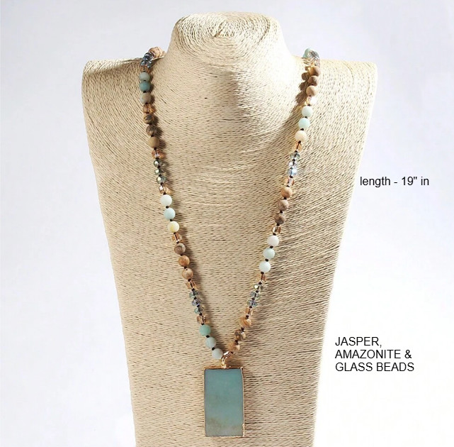 Amazonite & Jasper Beaded Natural Stone Necklace – Amazonite Pendant 18″ *NEW*