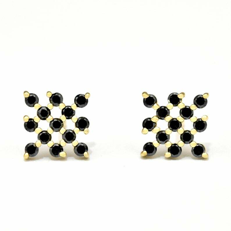 Net Mesh Square Design Earring 1ct Black Lab-Created Moissanite Gold Plated