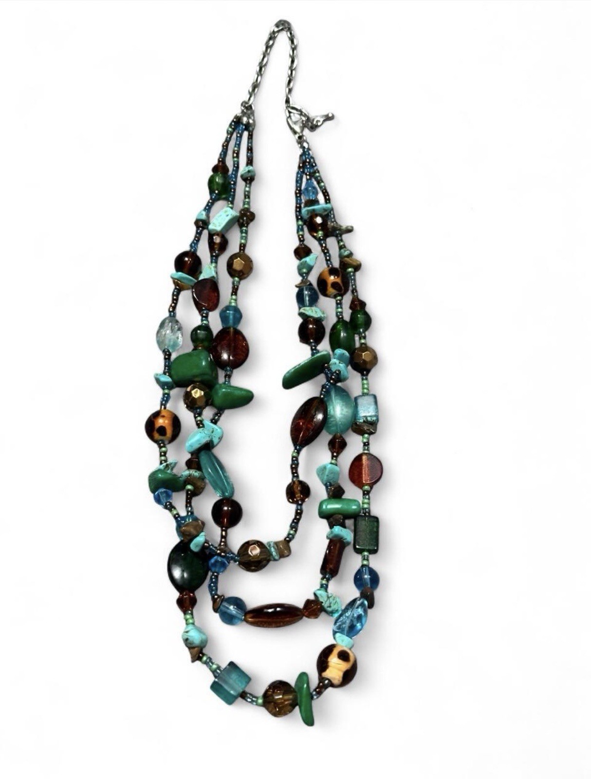 Chunky Boho Multi-Strand Beaded Necklace Turquoise Earth Tones Leopard Print