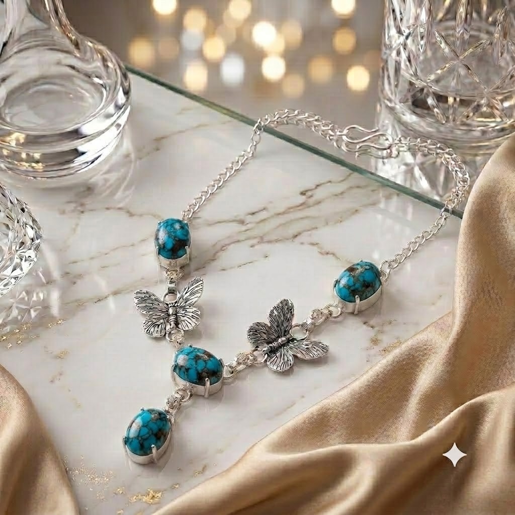 Natural Turquoise Necklace 925 Sterling Silver Butterfly Women Jewelry S-18″