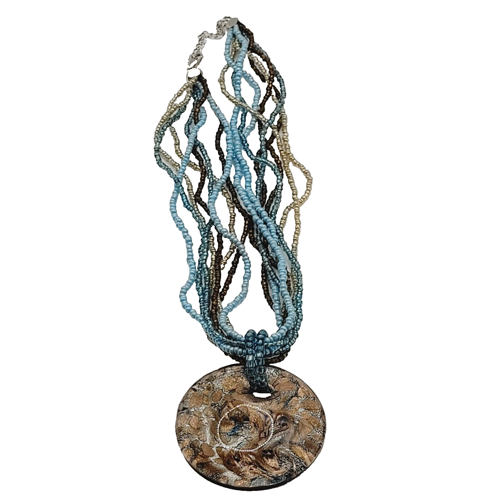 8 Strand Seed Beed Necklace with Metallic Foiled Large Round Art Glass Pendant