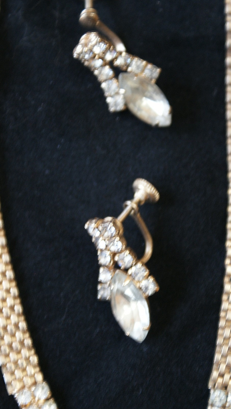 Mid-Century Fashion Jewelry Gold, Rhinestones, Necklace, Bracelet, Earrings EUC