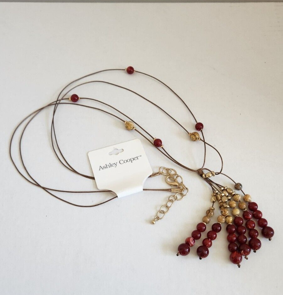Ashley Cooper Multi Strand String Beaded Necklace Red and Neutral Colors