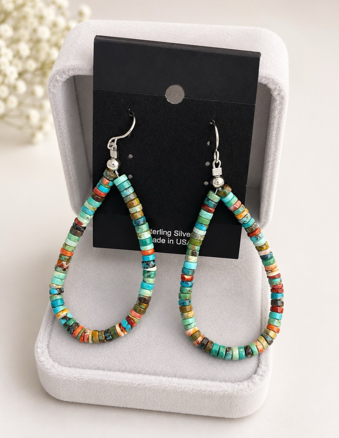 s925 Sterling Silver Multicolor Turquoise Beaded Teardrop Dangle Hook Earrings