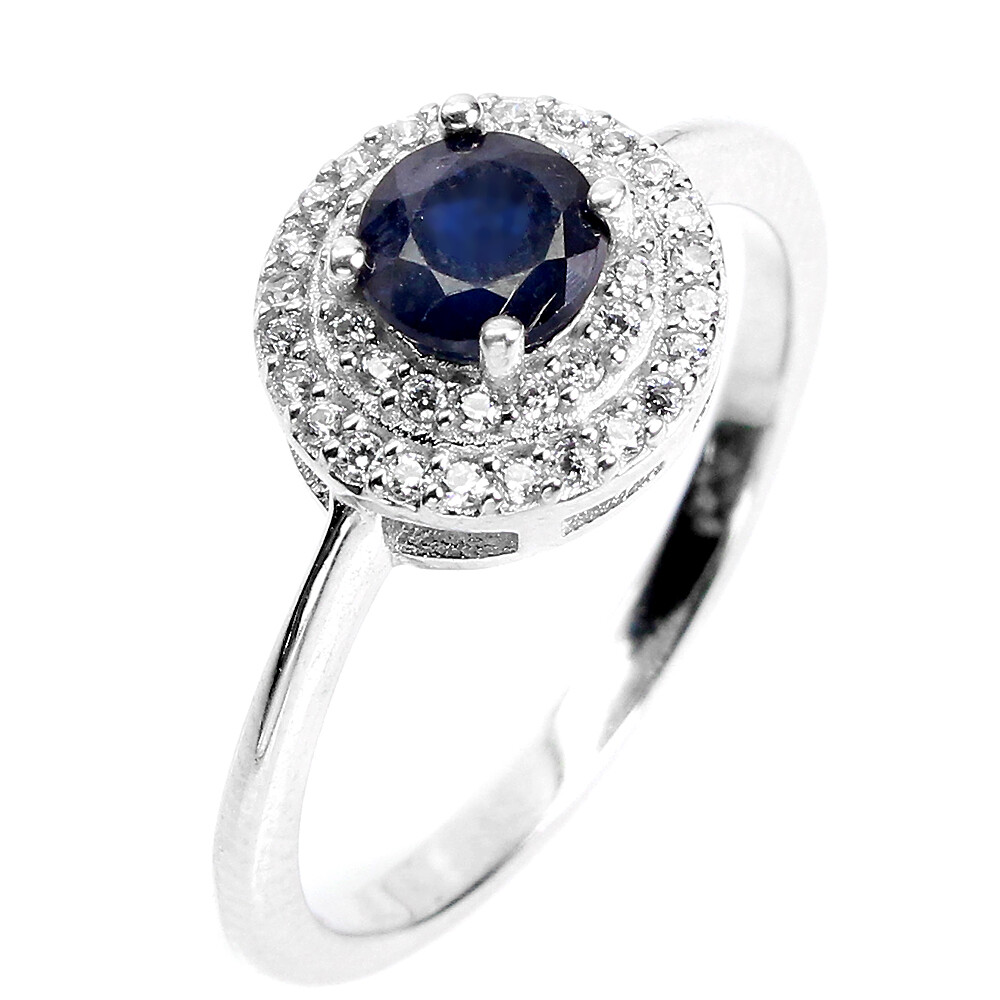 925 Sterling Silver Diffused Round Blue Sapphire 5mm Simulated Cz Ring Size 7