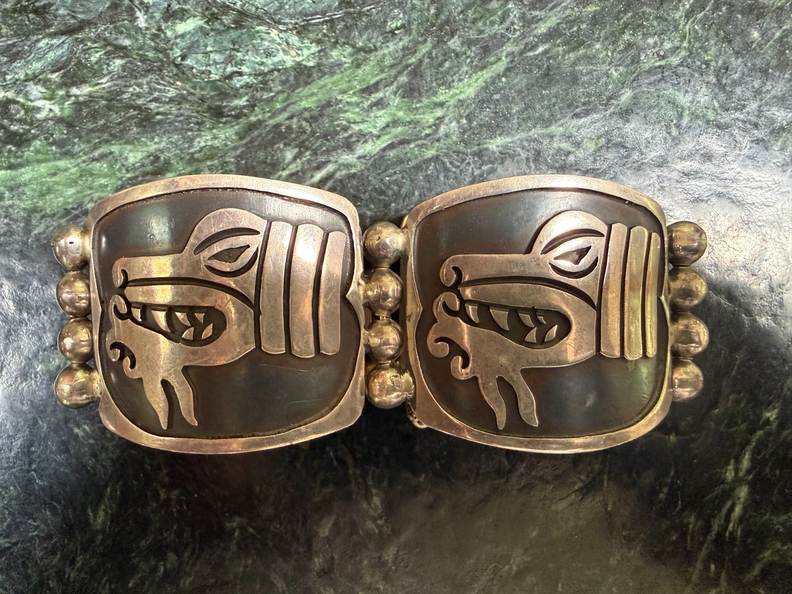 Vintage Taxco Quetzalcoatl dragon panel bracelet – hallmarked