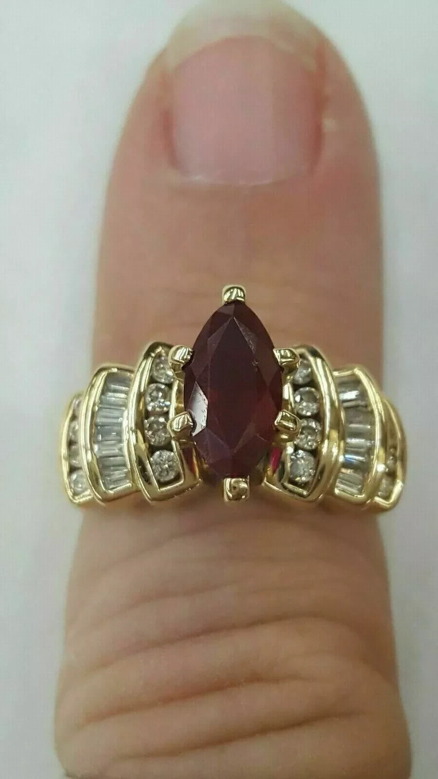 Marquise Cut Garnet & Lab Created Diamond Wedding 14Ct Yellow Gold Filled Ring
